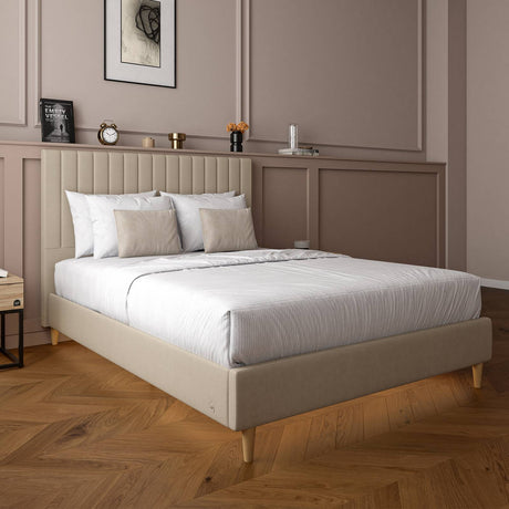 Maisie Upholstered Velvet LED Bed - Natural Stone (2 Sizes)