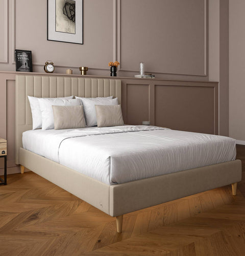 Maisie Upholstered Velvet LED Bed - Natural Stone (2 Sizes)