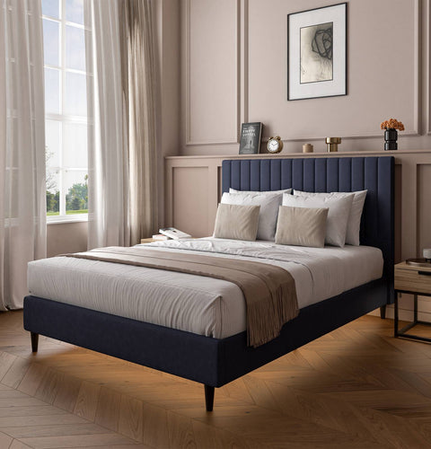 Maisie Upholstered Velvet LED Bed - Navy Blue (2 Sizes)