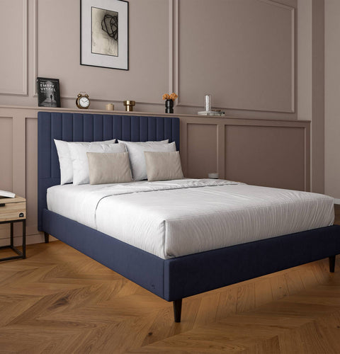 Maisie Upholstered Velvet LED Bed - Navy Blue (2 Sizes)