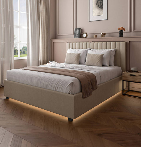 Maisie Upholstered Velvet LED Ottoman Bed - Natural Stone (2 Sizes)