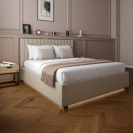 Maisie Upholstered Velvet LED Ottoman Bed - Natural Stone (2 Sizes)