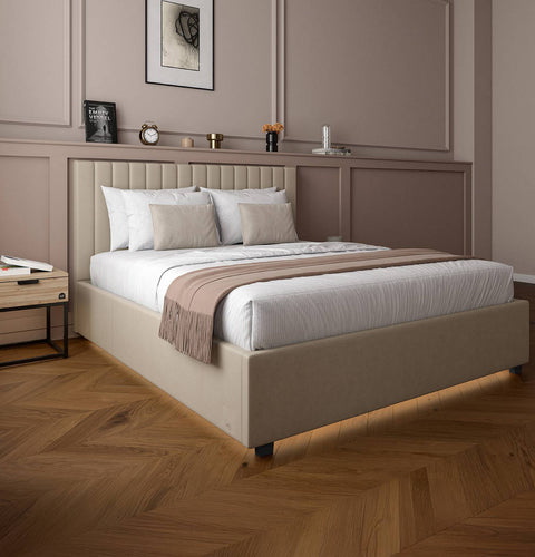 Maisie Upholstered Velvet LED Ottoman Bed - Natural Stone (2 Sizes)