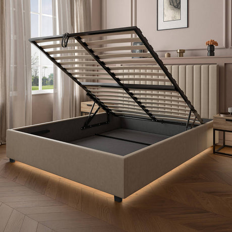 Maisie Upholstered Velvet LED Ottoman Bed - Natural Stone (2 Sizes)