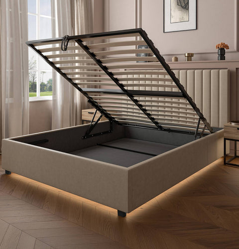 Maisie Upholstered Velvet LED Ottoman Bed - Natural Stone (2 Sizes)