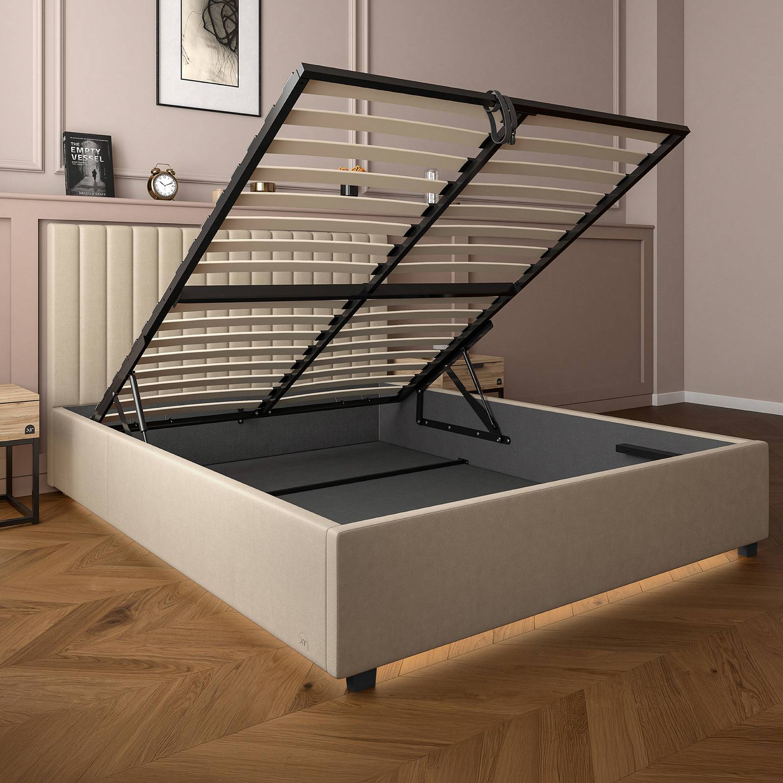 Maisie Upholstered Velvet LED Ottoman Bed - Natural Stone (2 Sizes)