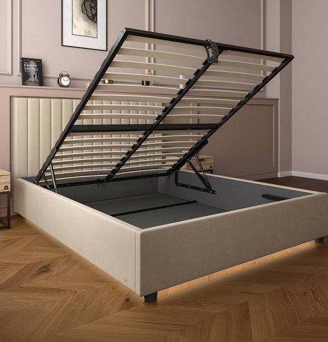 Maisie Upholstered Velvet LED Ottoman Bed - Natural Stone (2 Sizes)