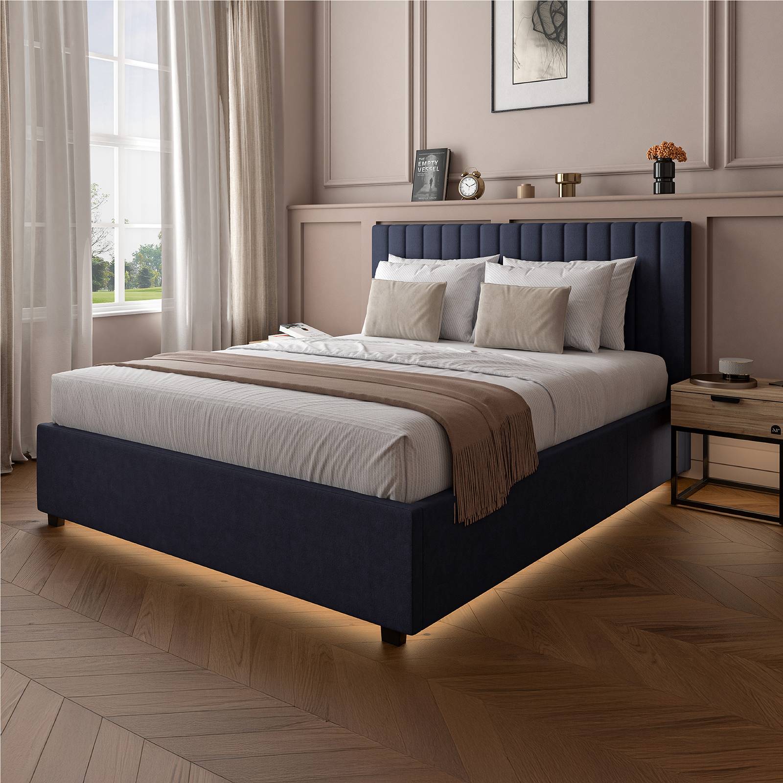 Maisie Upholstered Velvet LED Ottoman Bed - Navy Blue (2 Sizes)