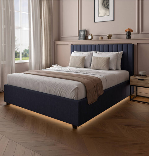 Maisie Upholstered Velvet LED Ottoman Bed - Navy Blue (2 Sizes)
