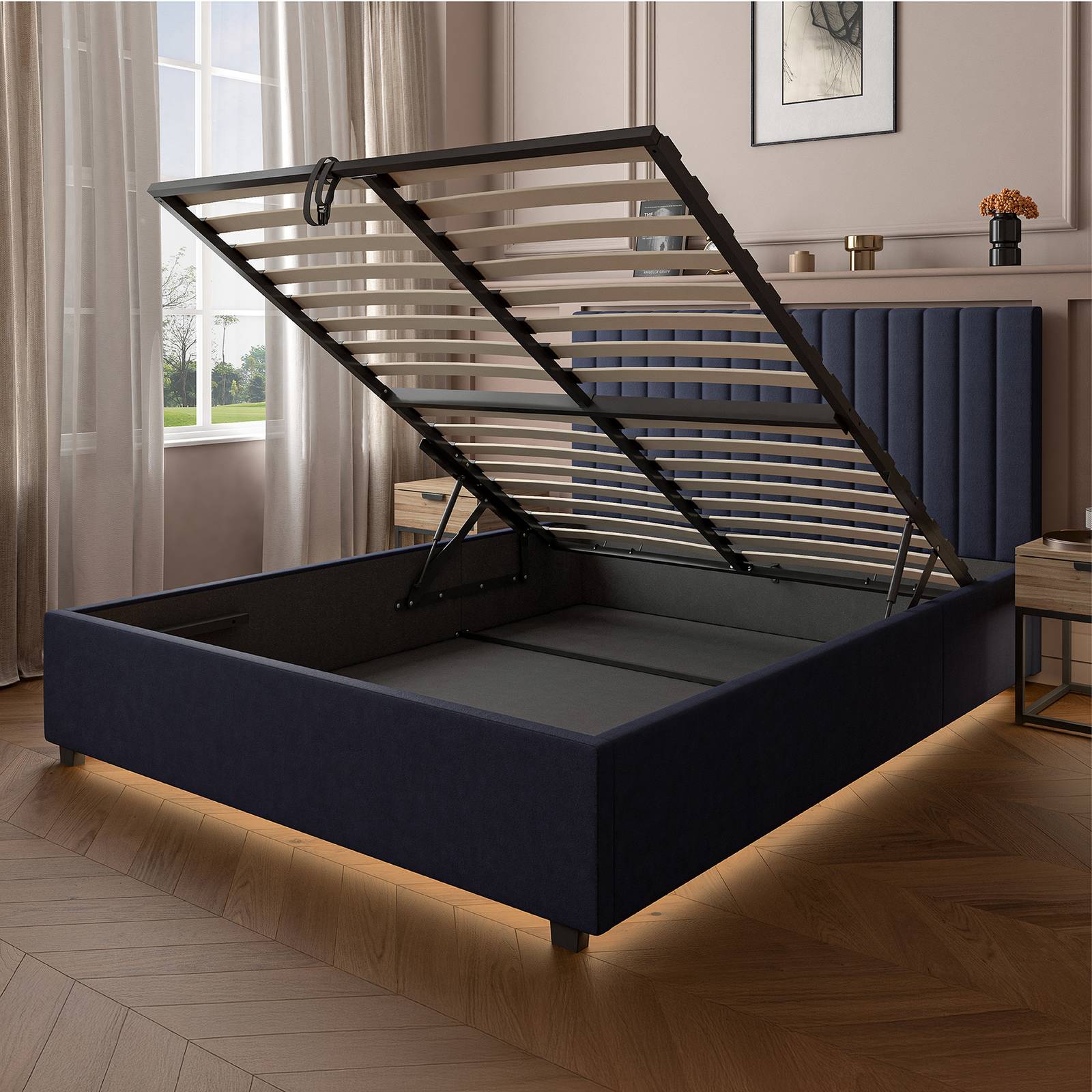 Maisie Upholstered Velvet LED Ottoman Bed - Navy Blue (2 Sizes)