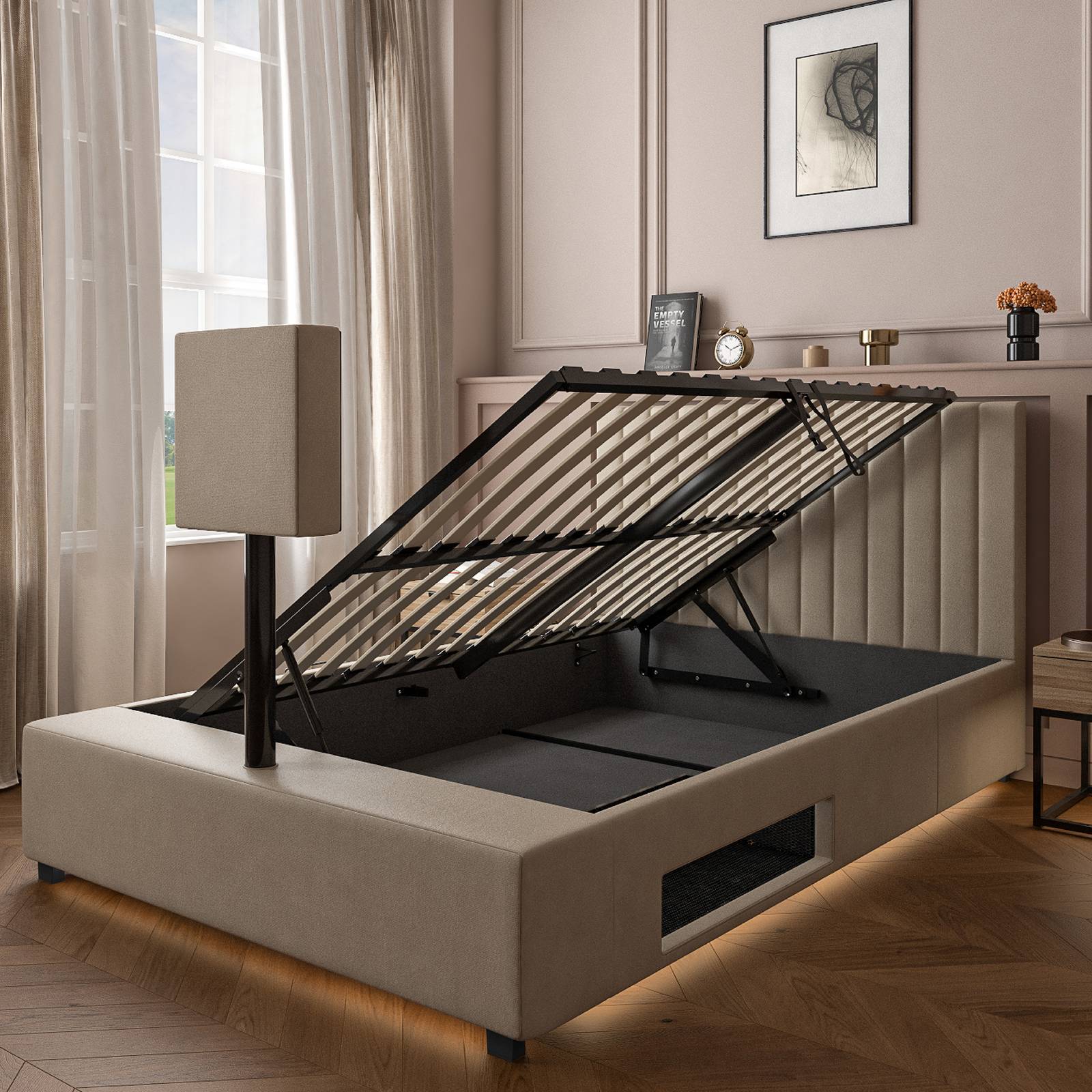 maisie ottoman TV bed with storage designed with premium natural stone fabric and a built in tv stand. for entertainment at your fingertips. 