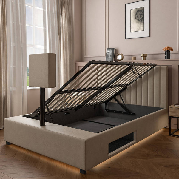 maisie ottoman TV bed with storage designed with premium natural stone fabric and a built in tv stand. for entertainment at your fingertips. 