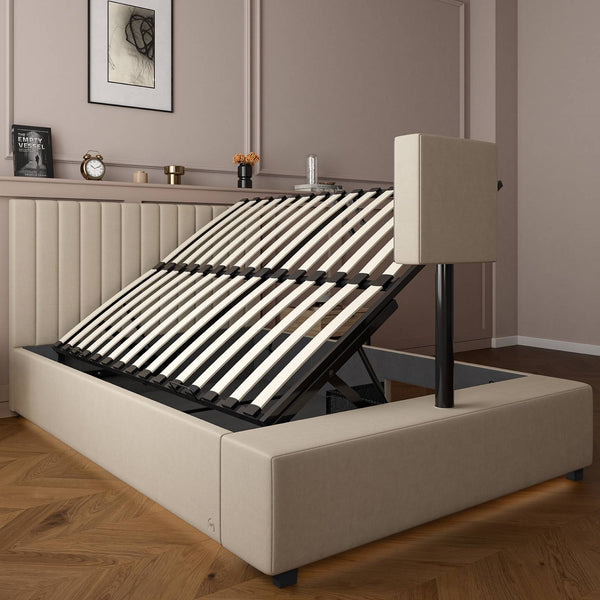 side view of the x rocker maisie ottoman TV bed highlighting its plush upholstered headboard and and TV stand. 