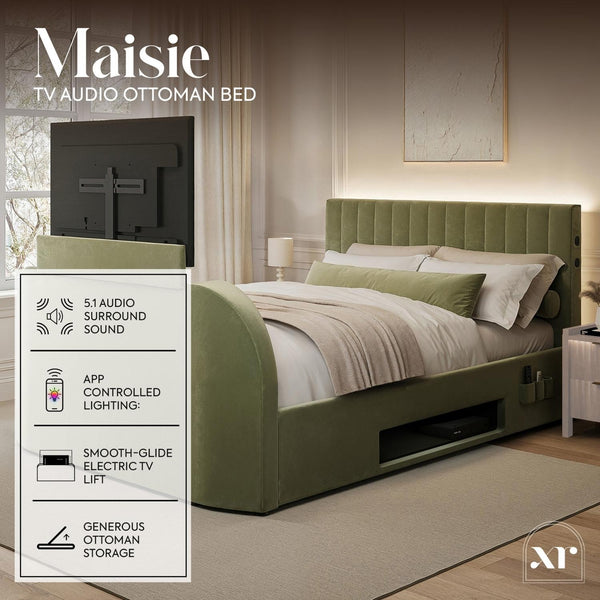 Green ottoman bed with TV and audio features in a bedroom setting