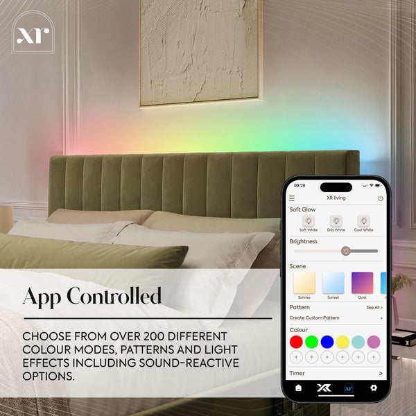Smart LED strip lighting with app control on a bed in a bedroom setting.