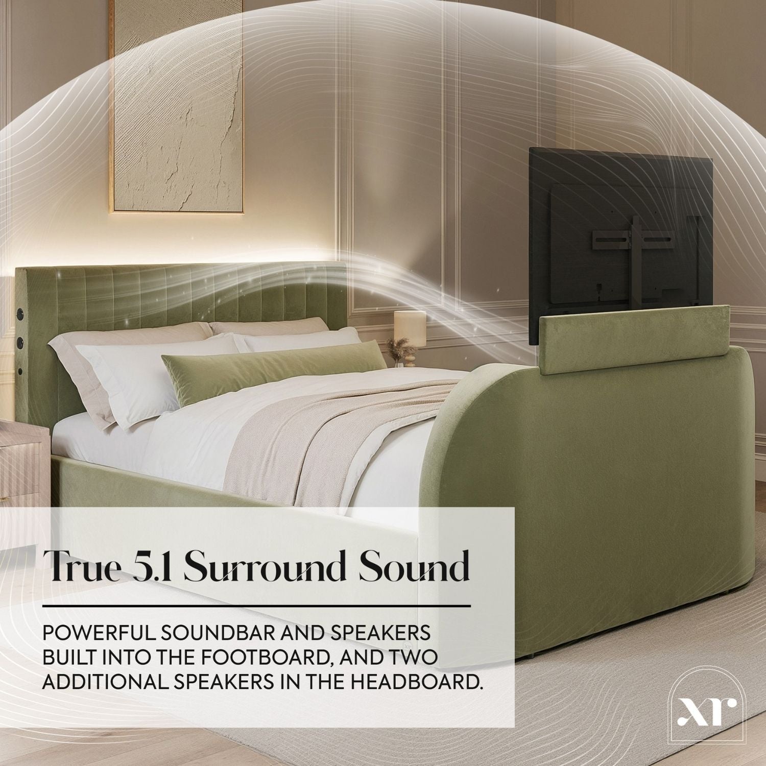 Bedroom setup with green bed and soundbar, featuring text about True 5.1 Surround Sound.
