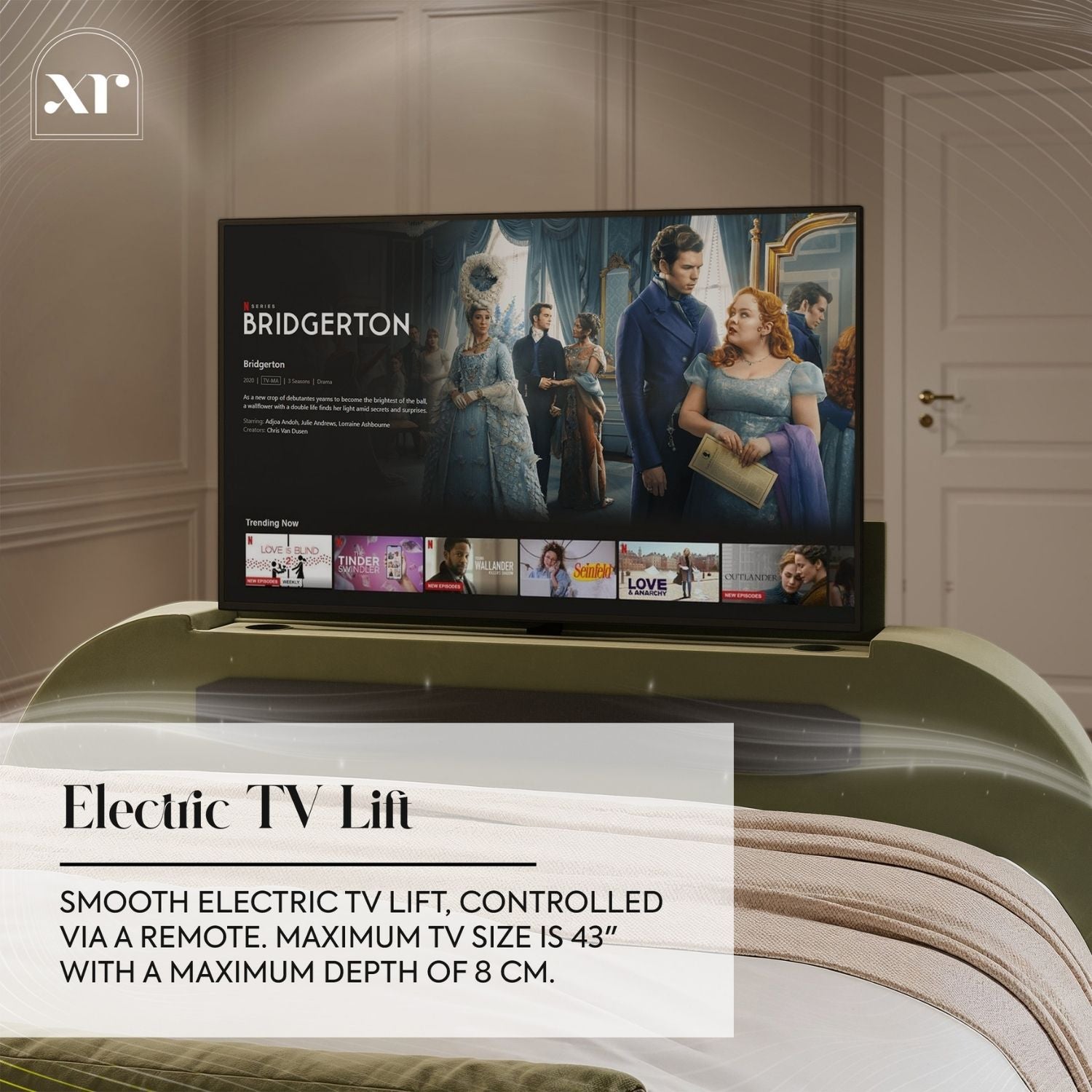 Electric TV lift with a TV displaying 'Bridgerton' in a room setting.