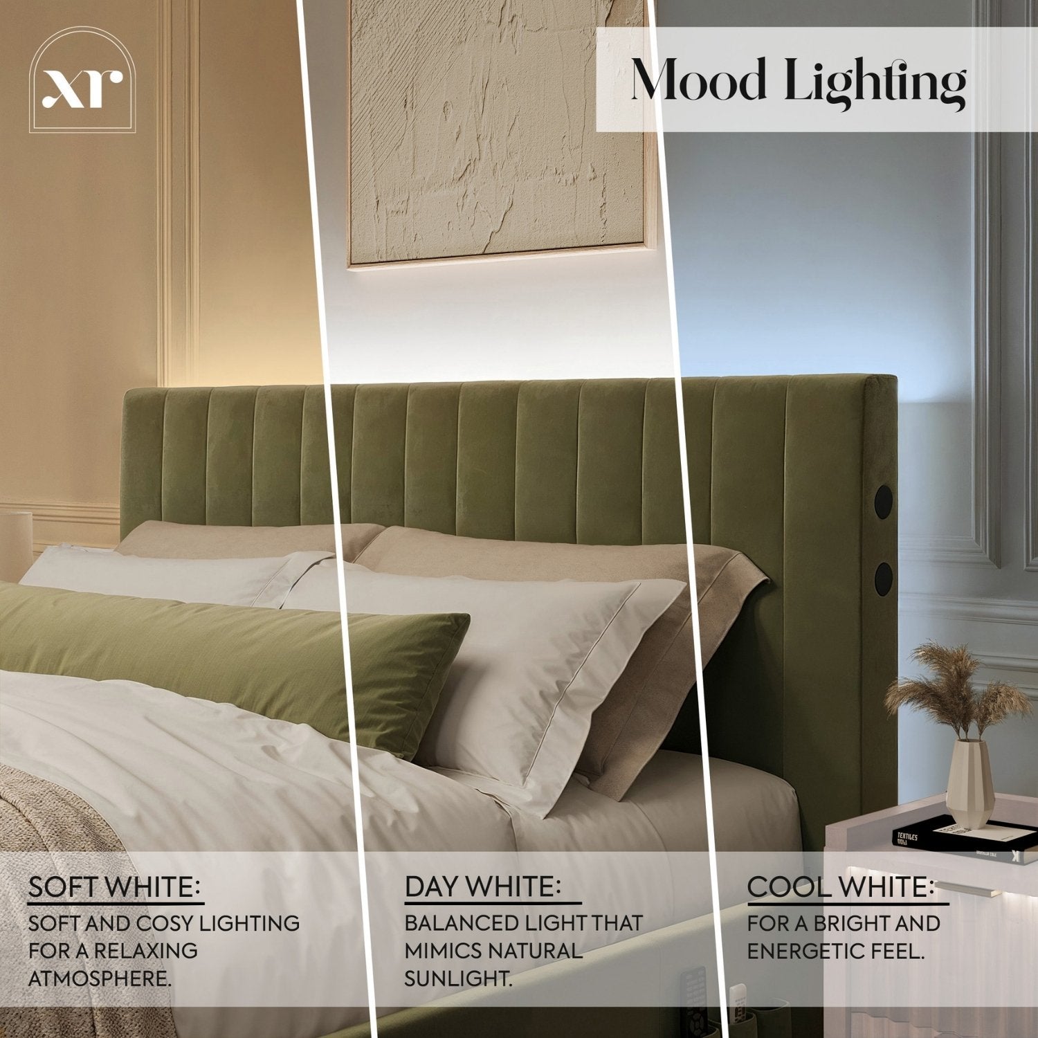 Bedroom with green headboard and soft white lighting, featuring text on mood lighting.