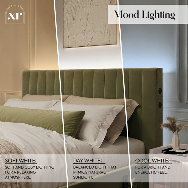 Bedroom with green headboard and soft white lighting, featuring text on mood lighting.