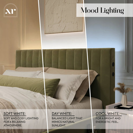 Maisie 5.1 Ottoman Bed with Electric TV Lift, True Surround Sound and App Controlled LED Lights - Olive Green