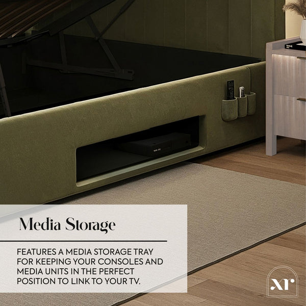 Media console with storage tray in a living room setting