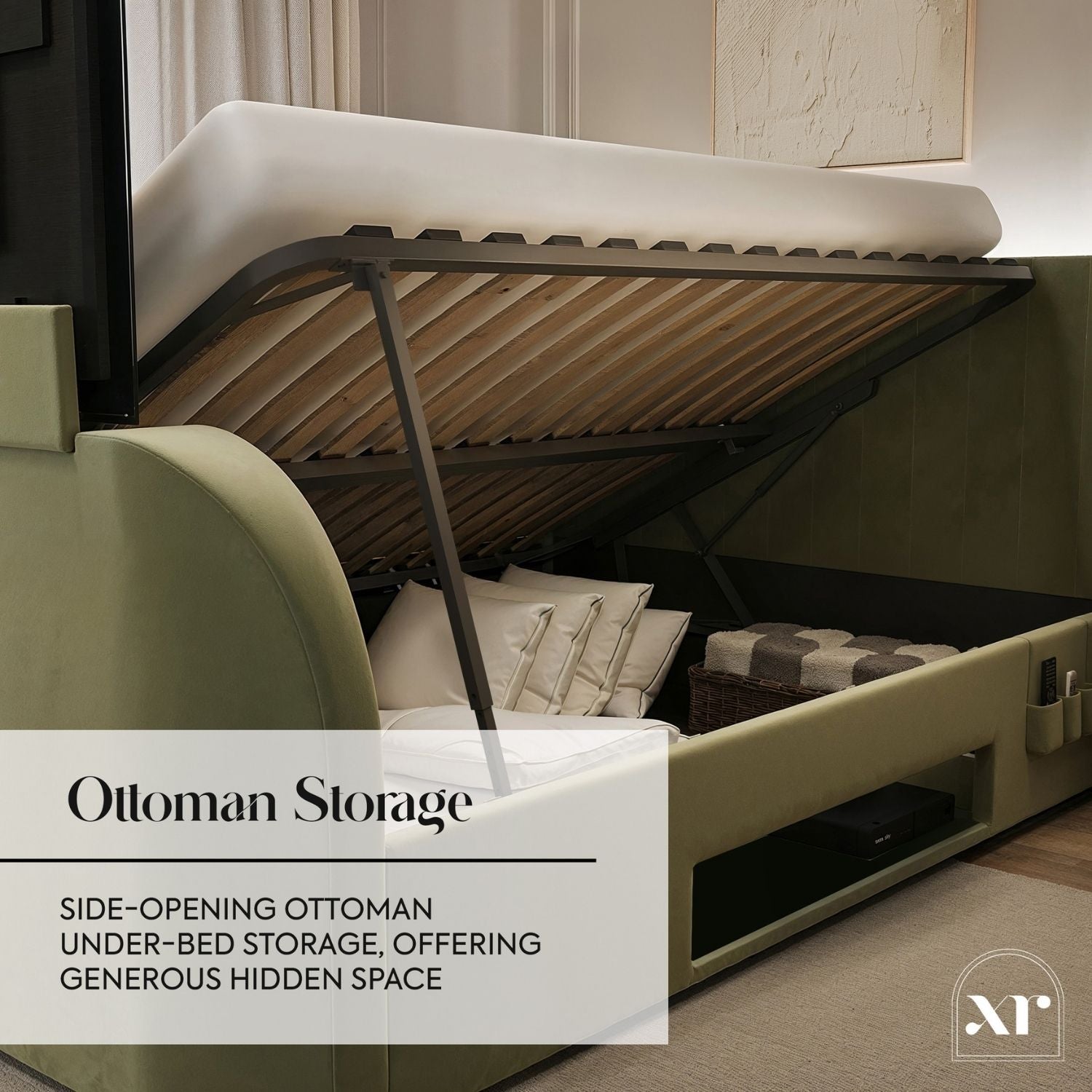 Ottoman storage feature with side-opening design in a bedroom setting.