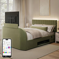 Green upholstered bed with TV embedded in headboard, smartphone displaying color selection app.