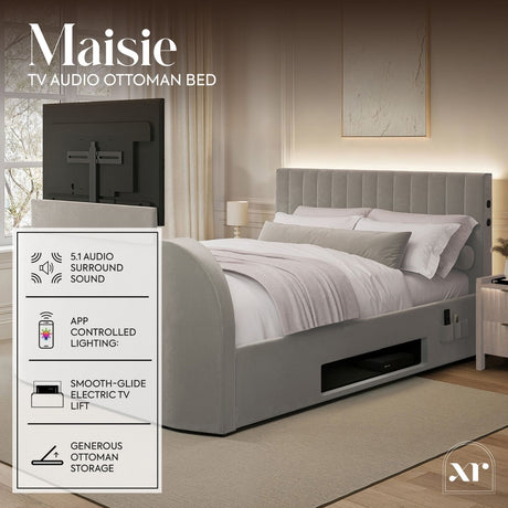 Maisie 5.1 Ottoman Bed with Electric TV Lift, True Surround Sound and App Controlled LED Lights - Grey