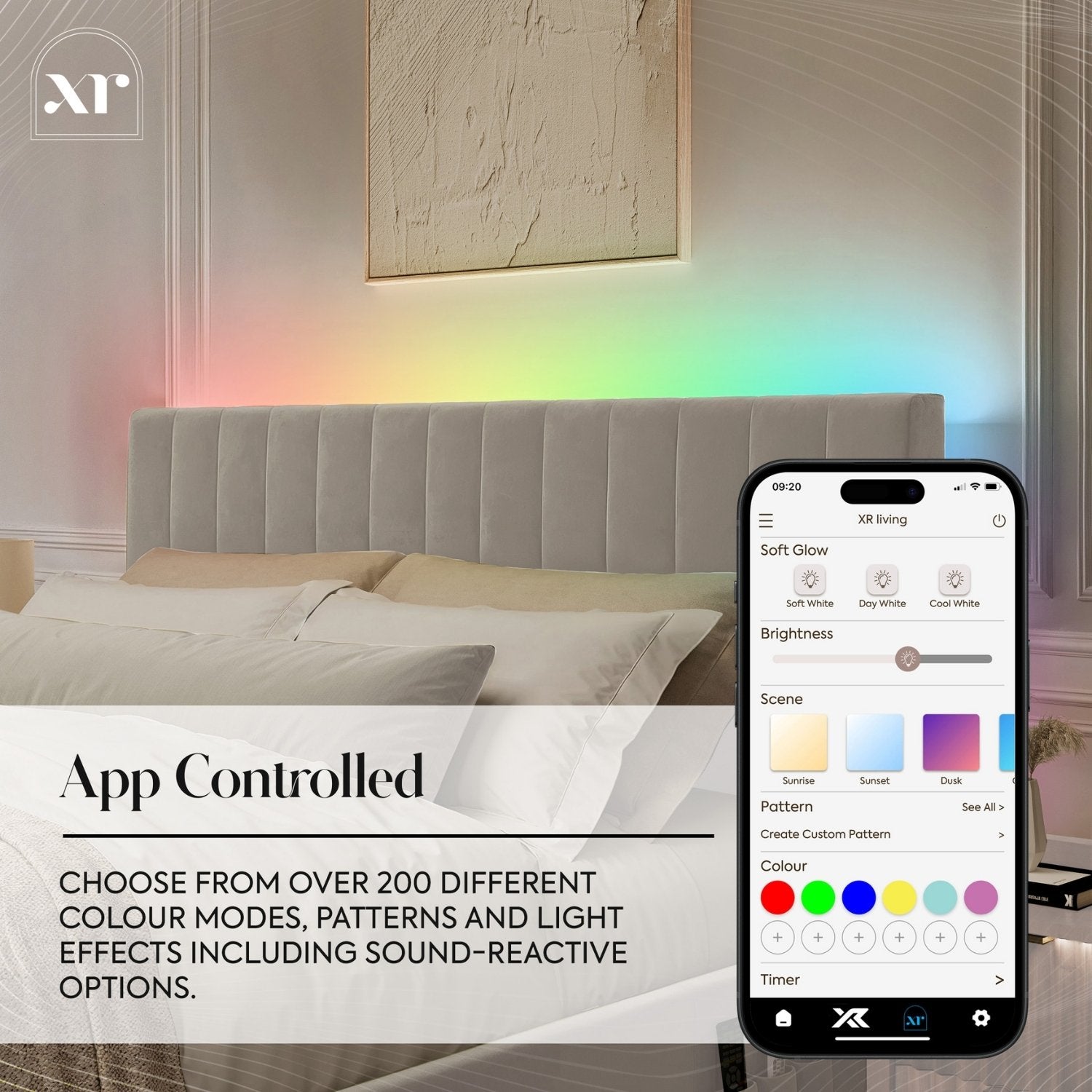 Smart LED strip light with app control on a smartphone displayed in a bedroom setting.