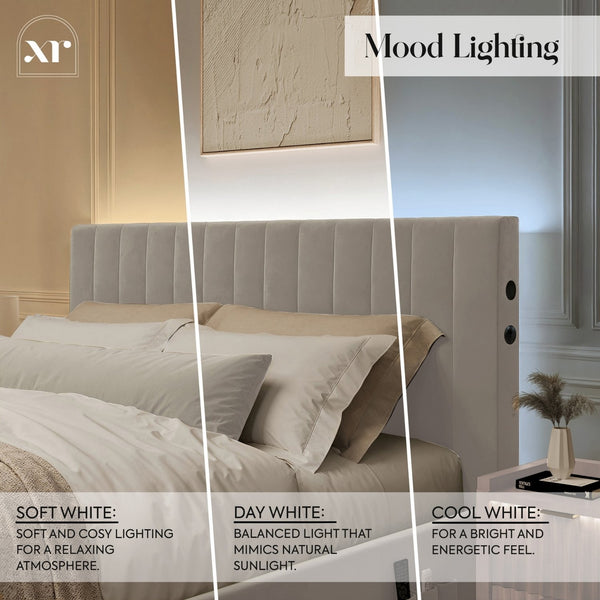 Bedroom with different lighting effects labeled 'Soft White', 'Day White', and 'Cool White'.