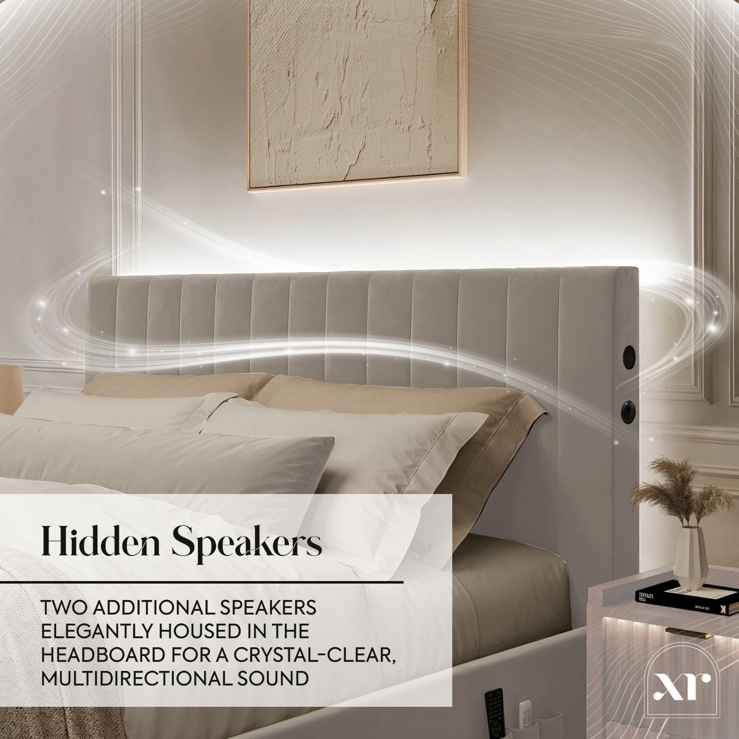 Modern bedroom with a headboard featuring hidden speakers and XP logo.