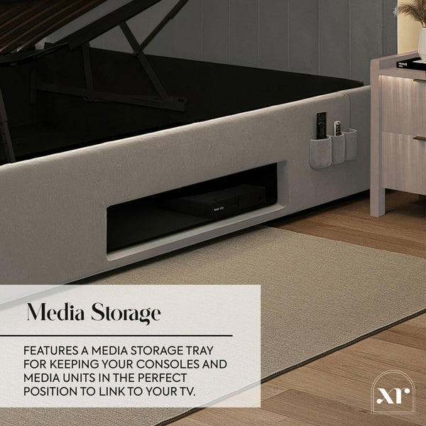 Media console with storage tray in a room setting, featuring text about media storage.