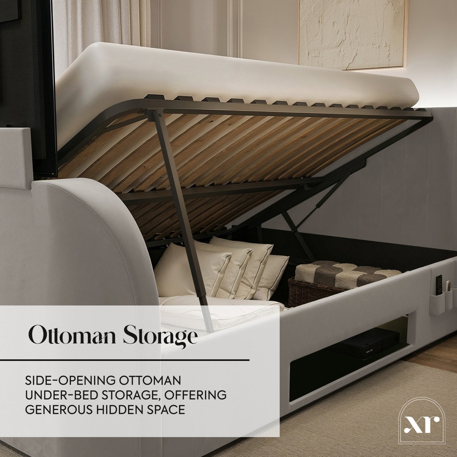 Side-opening ottoman with hidden storage space in a bedroom setting.