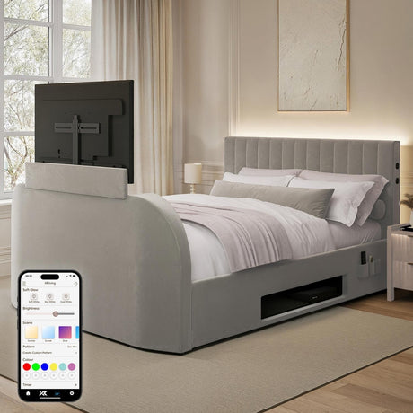Maisie 5.1 Ottoman Bed with Electric TV Lift, True Surround Sound and App Controlled LED Lights - Grey