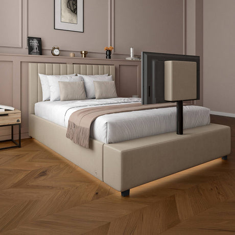 Maisie Upholstered Velvet LED TV Bed - Natural Stone (2 Sizes)