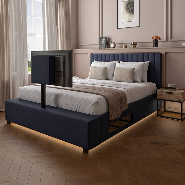 Maisie Upholstered Velvet LED TV Bed - Navy Blue (2 Sizes)