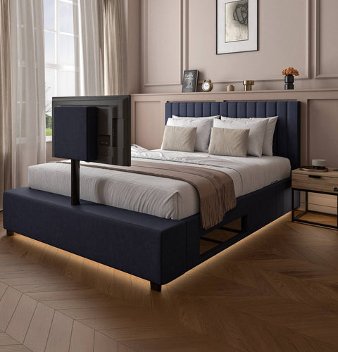 Maisie Upholstered Velvet LED TV Bed - Navy Blue (2 Sizes)