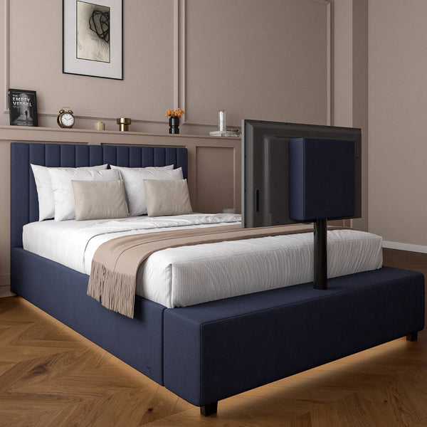 Maisie Upholstered Velvet LED TV Bed - Navy Blue (2 Sizes)