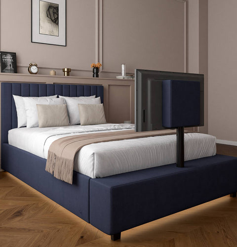 Maisie Upholstered Velvet LED TV Bed - Navy Blue (2 Sizes)