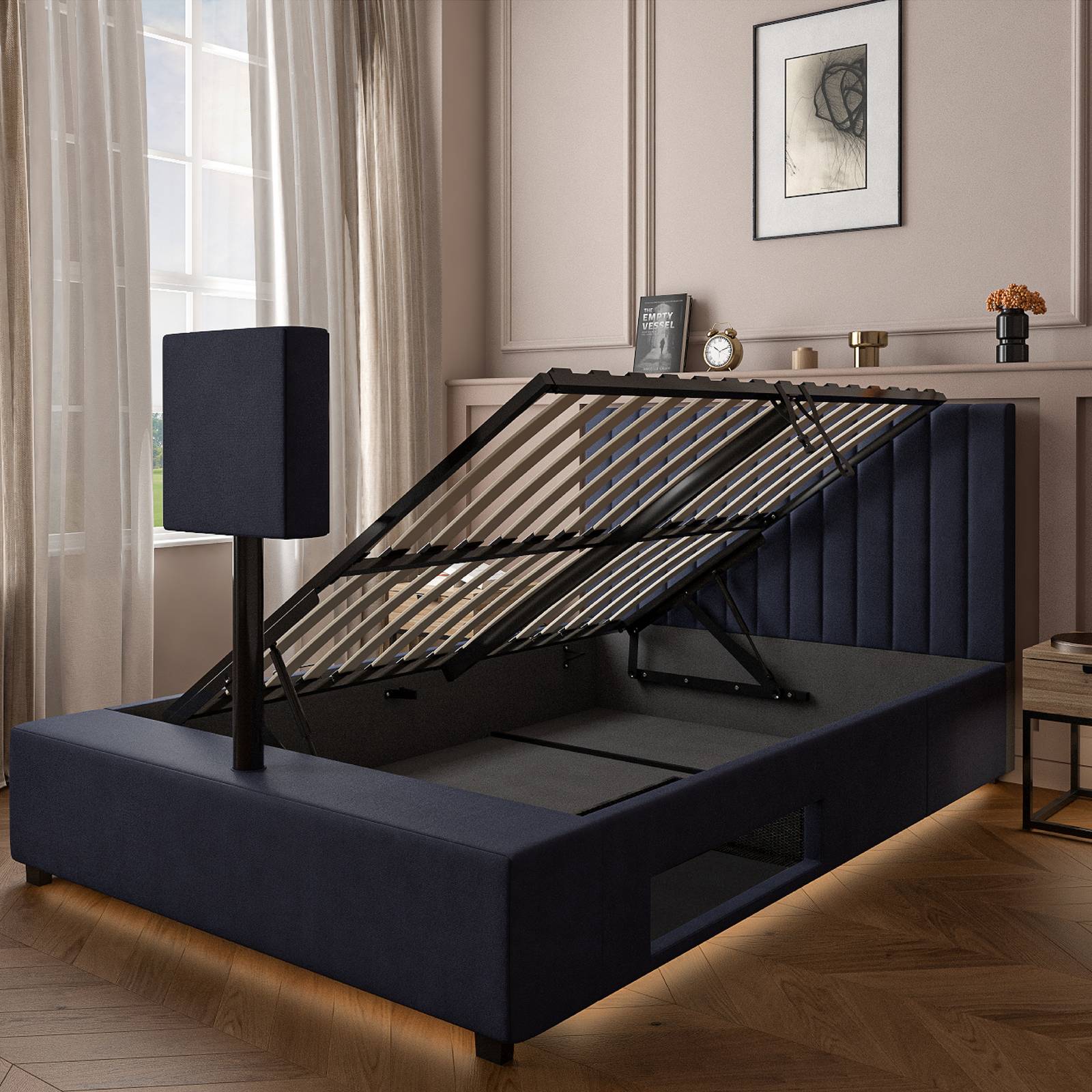 Maisie Upholstered Velvet LED Ottoman TV Bed - Navy Blue (2 Sizes)