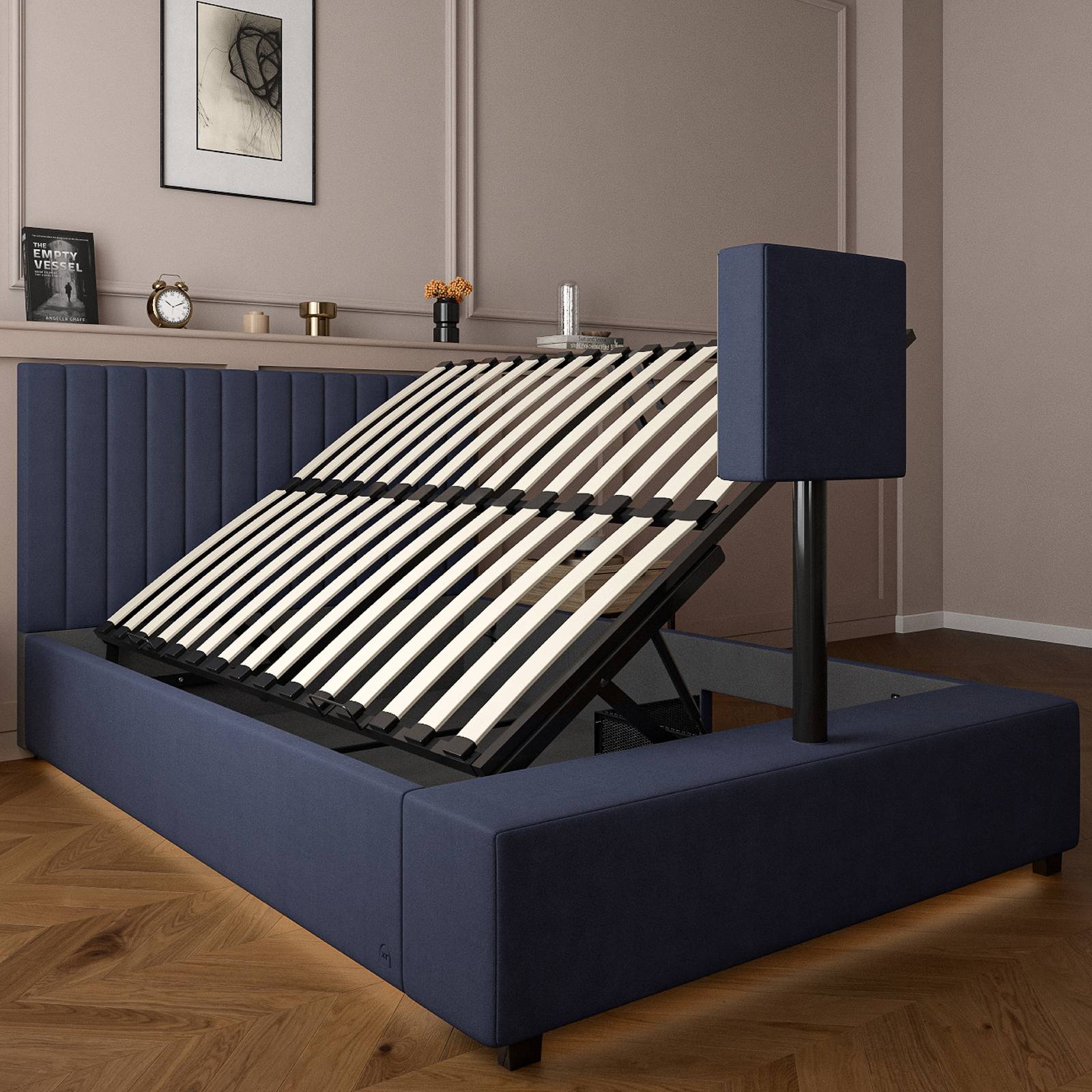 Maisie Upholstered Velvet LED Ottoman TV Bed - Navy Blue (2 Sizes)