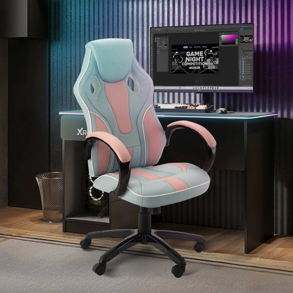 Gaming chair in a room with a desk and computer setup