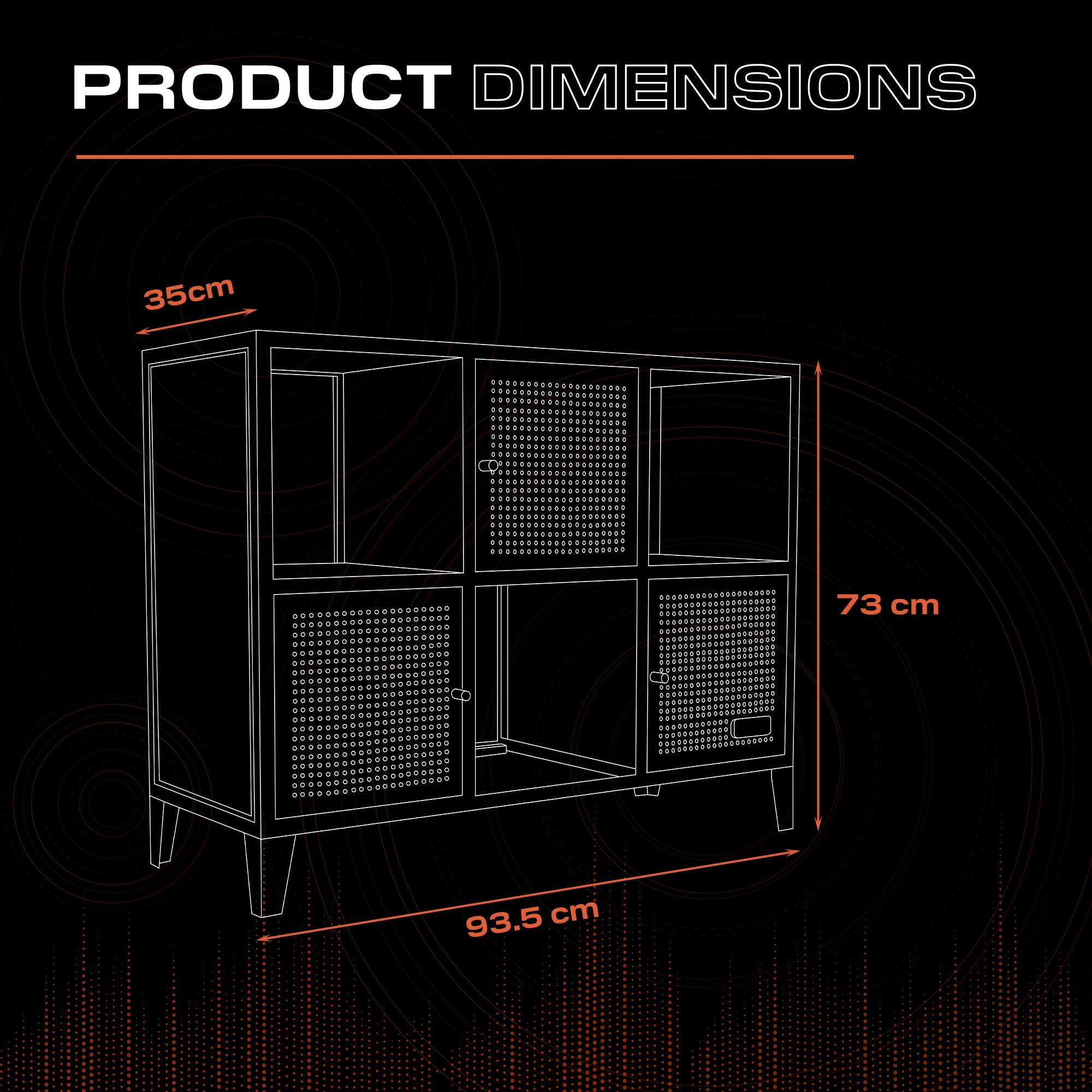Line drawing of a cabinet with dimensions labeled in red.