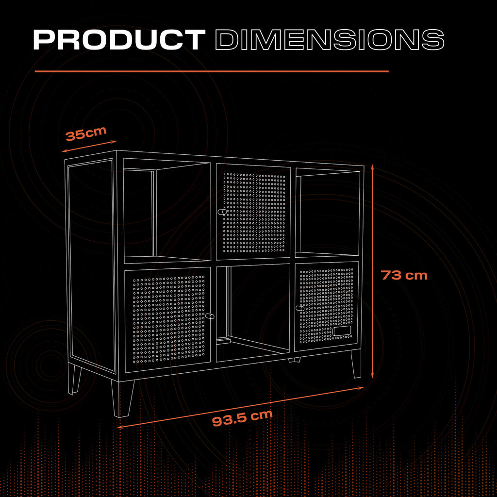 Line drawing of a cabinet with dimensions labeled in red.