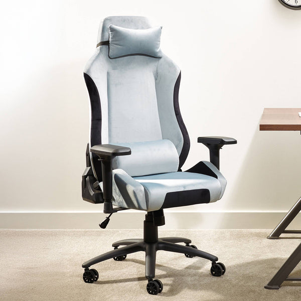 Gray and black office chair with headrest in a room setting.