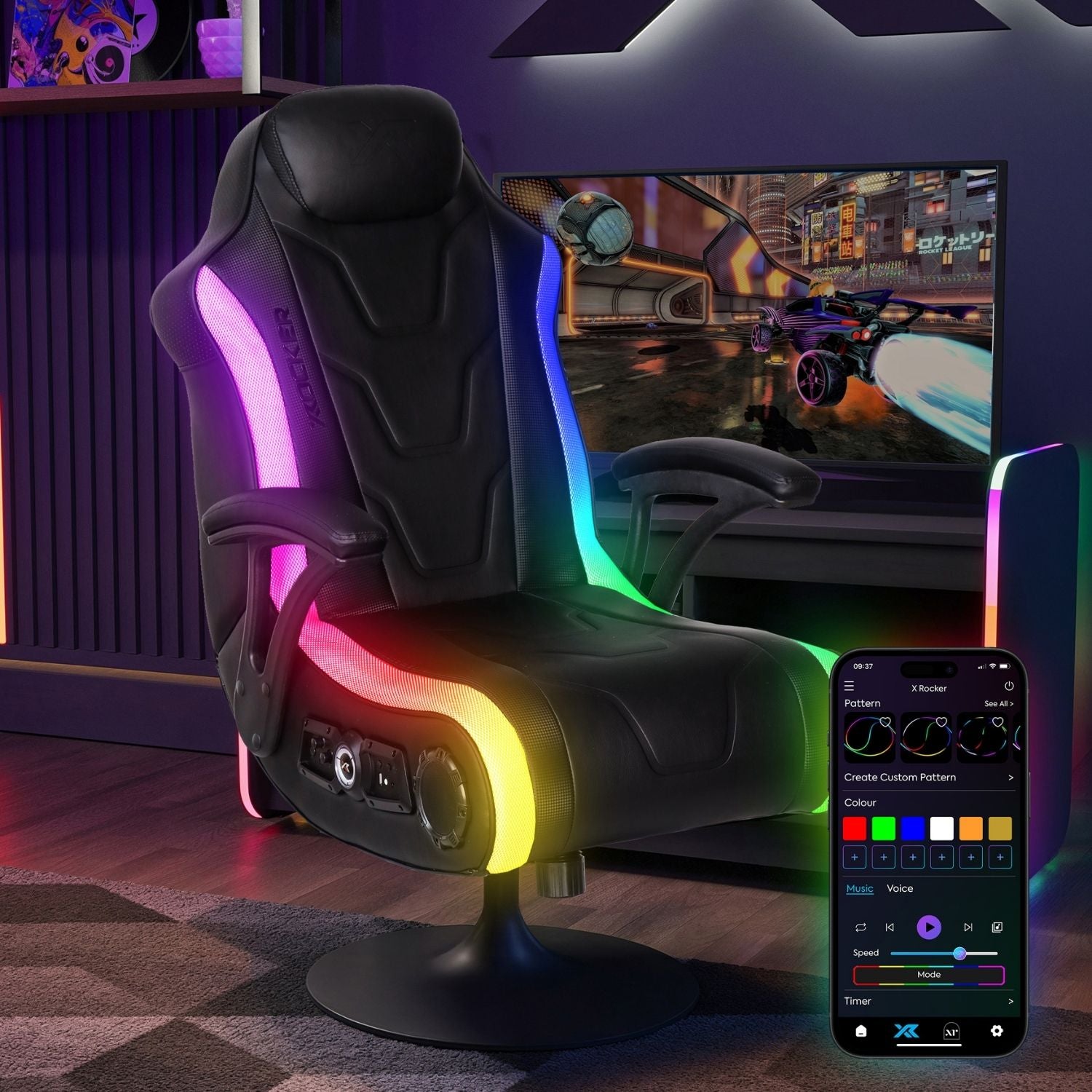 Gaming chair with RGB lighting and remote control in a room setup with a TV playing a racing game.