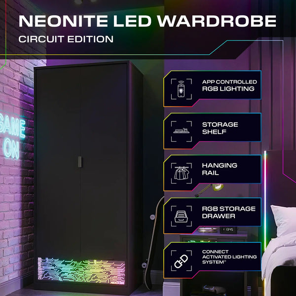 NeoNite 2 Door Wardrobe with Drawer and Neo Motion SYNC™ App Controlled LED Lights - Black