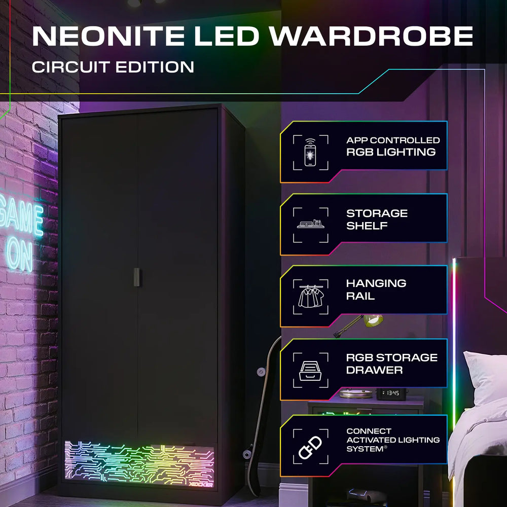NeoNite 2 Door Wardrobe with Drawer and Neo Motion SYNC™ App Controlled LED Lights - Black