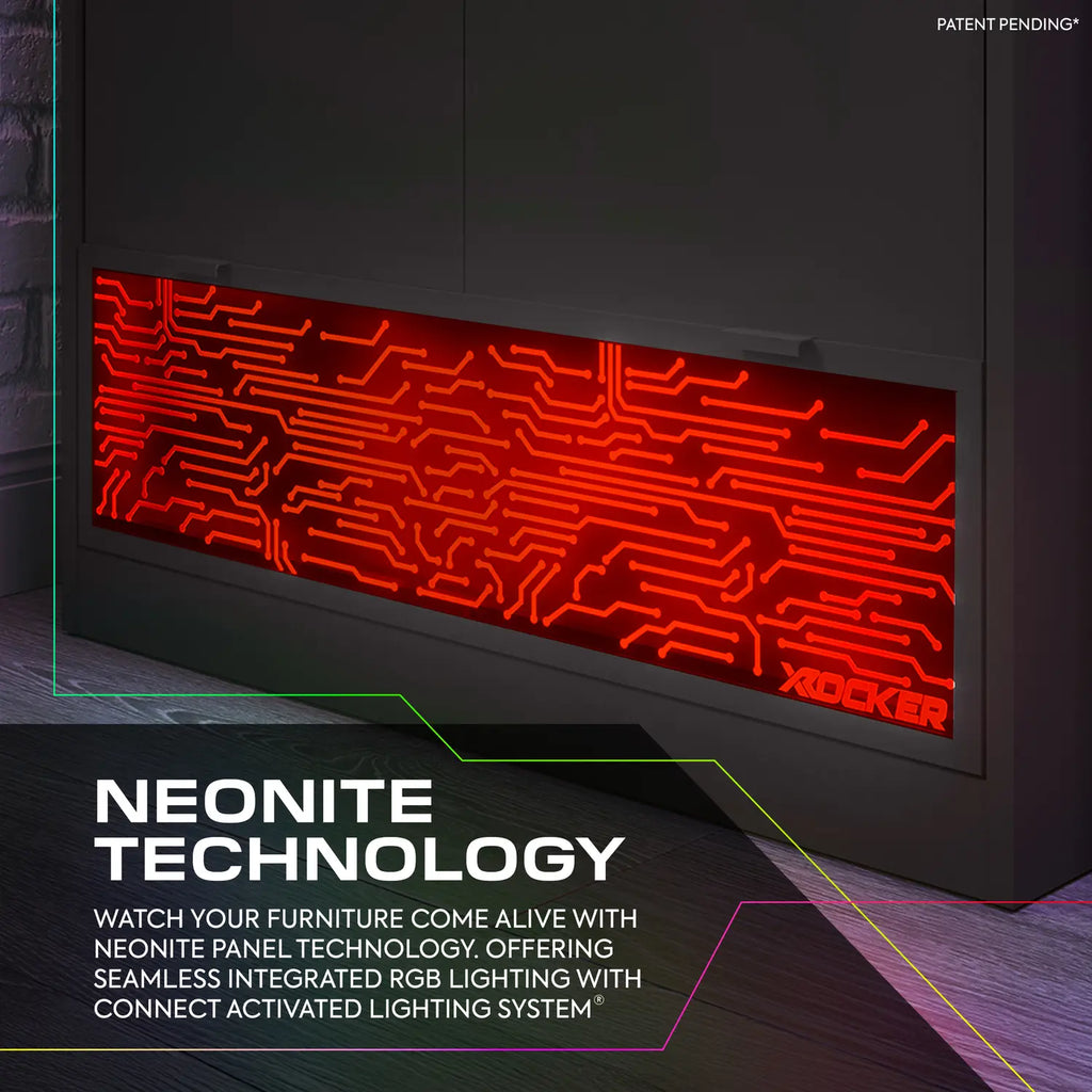 Neonite technology panel with red circuit pattern on a dark background