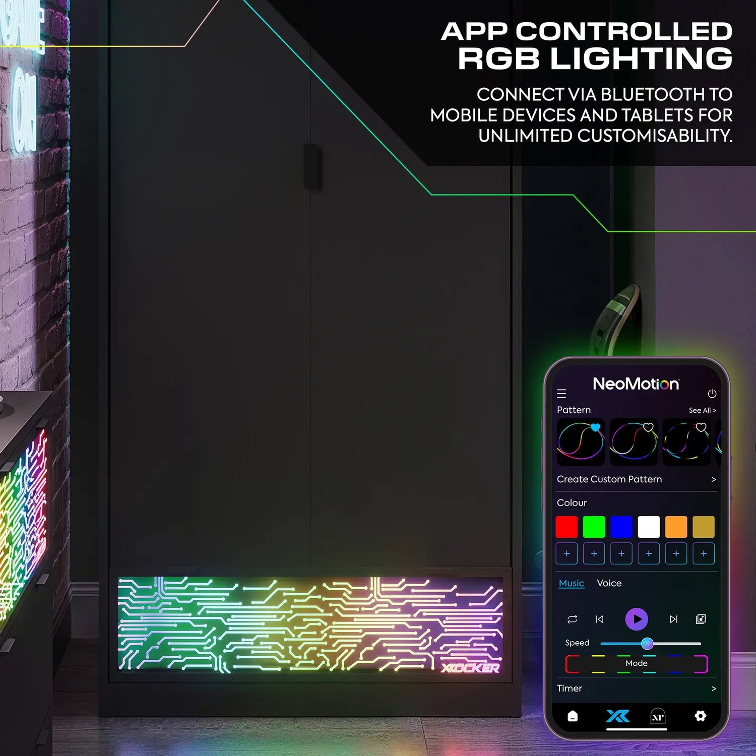 App-controlled RGB lighting system with smartphone app interface on a dark background